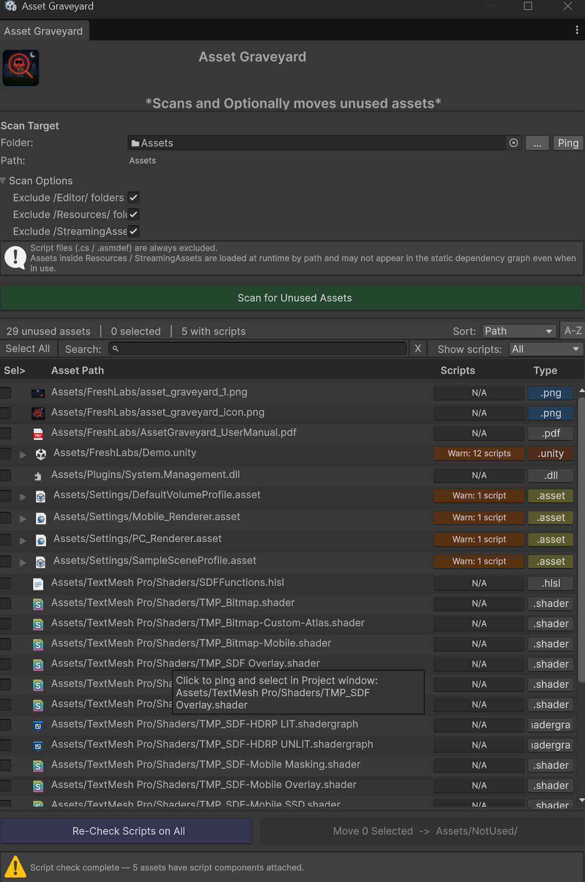 Asset Graveyard Editor Window Screenshot